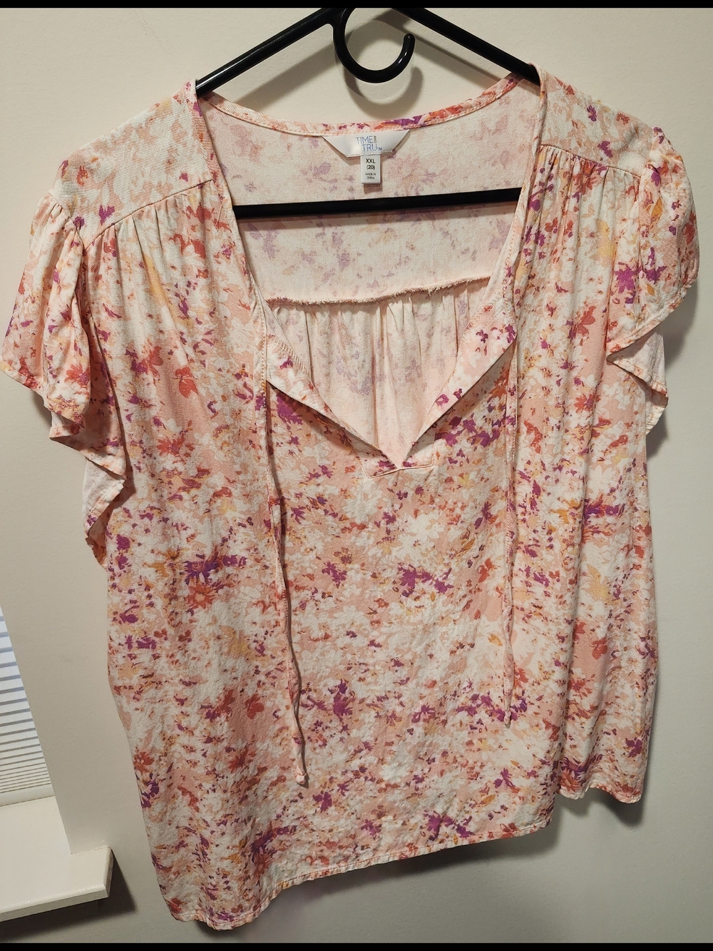 Time and Tru Peach Floral Tie-Blouse with Pink and Orange Accents